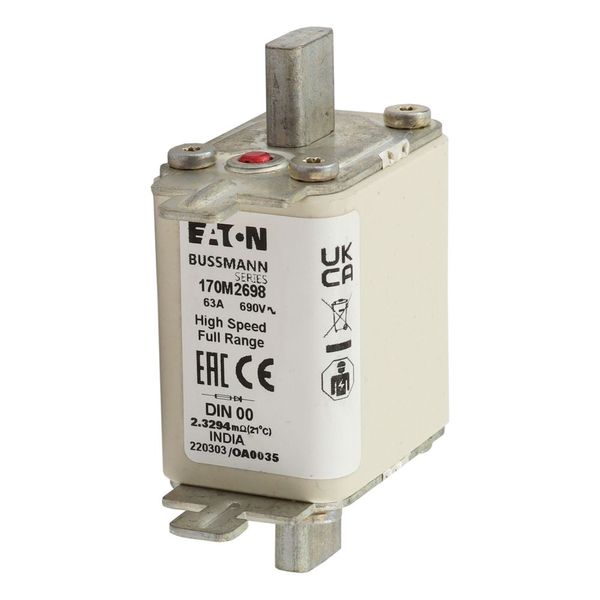 Fuse-link, high speed, 63 A, AC 690 V, DIN 00, 30 x 60 x 79 mm, gR, DIN, IEC, single indicator image 11