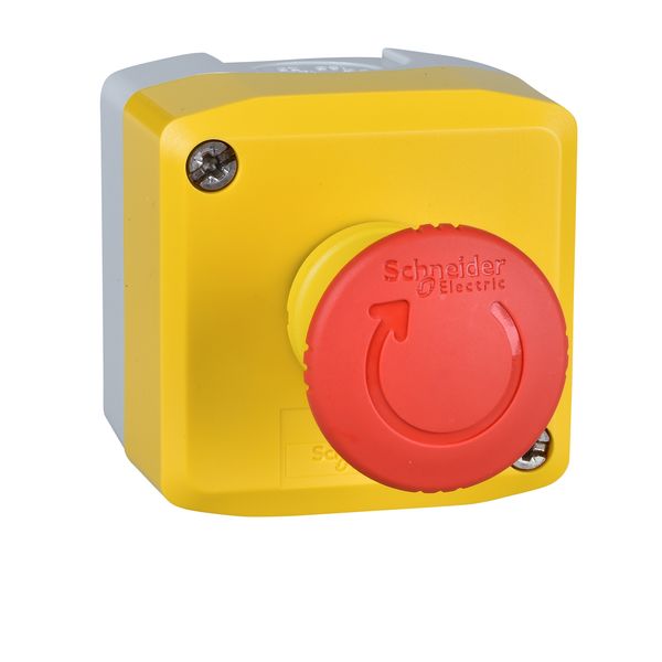 Harmony, Control station, plastic, yellow, 1 red mushroom head push button Ø40, emergency stop turn to release 2 NC, unmarked, UL/CSA certified image 1