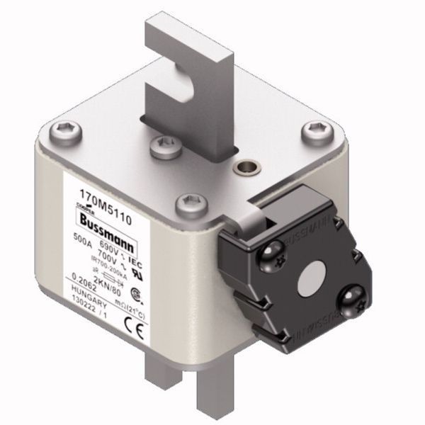 Fuse-link, high speed, 500 A, AC 690 V, DIN 2, 61 x 77 x 108 mm, aR, DIN, IEC, single indicator image 2