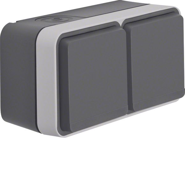 SCHUKO soc. out. 2gang hor. hinged cover surface-mtd, W.1, grey/light  image 1
