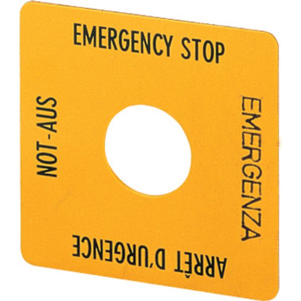 Emergency-Stop label, Yellow, black lettering, square 50 x 50 mm, de, en, fr, it, Front dimensions 25 × 25 mm image 1