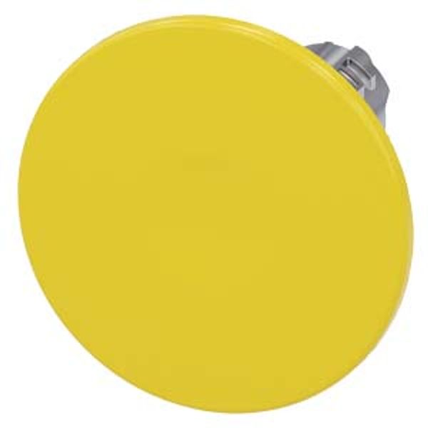 Mushroom pushbutton, 22 mm, round, metal, shiny, yellow, 60 mm, momentary contact type, with laser labeling, upper case image 1