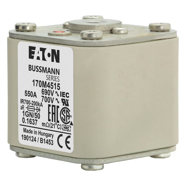 Fuse-link, high speed, 550 A, AC 690 V, size 1, 53 x 69 x 51 mm, aR, IEC, UL, single indicator, flush end, 18 UNC image 2