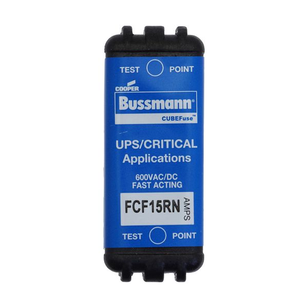 Eaton Bussmann series FCF fuse, Finger safe, power loss 3.48 w, 600 Vac, 600 Vdc, 15A, 300 kAIC 600 Vac, 50 kAIC 600 Vdc, Non Indicating, Fast acting, Class CF, CUBEFuse, Glass filled polyethersulfone case image 1