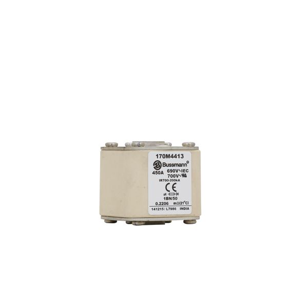 Fuse-link, high speed, 450 A, AC 690 V, size 1, 53 x 69 x 51 mm, aR, IEC, UL, single indicator, flush end, M8 image 2