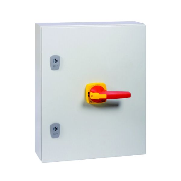 Switch-disconnector, DMV, 160 A, 4 pole, Emergency switching off function, With red rotary handle and yellow locking ring, in steel enclosure, 9 mm co image 3