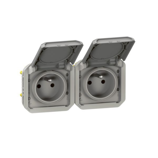 Double pre-wired power socket 2x2P+E horizontal waterproof Plexo 16A 250V IP55 2 positions with gray finish bezels image 2