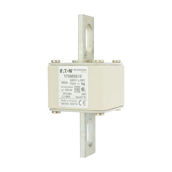 Fuse-link, high speed, 500 A, AC 690 V, size 2, 61 x 77 x 135 mm, aR, IEC, UL, no indicator, 90 mm centres image 1