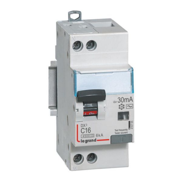 Differential circuit breaker DX³4500 high inlet and low outlet screw U+N 230V~ - 16A typeAC 30mA - curve C - 2 modules image 1