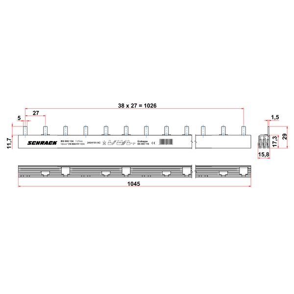 Busbar Pin Version 3-pole, 16mmý / MW=27mm for D0-devices,1m image 3