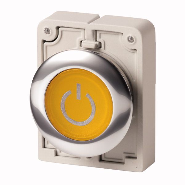 Illuminated pushbutton actuator, RMQ-Titan, Flat, momentary, yellow, inscribed, Metal bezel image 1