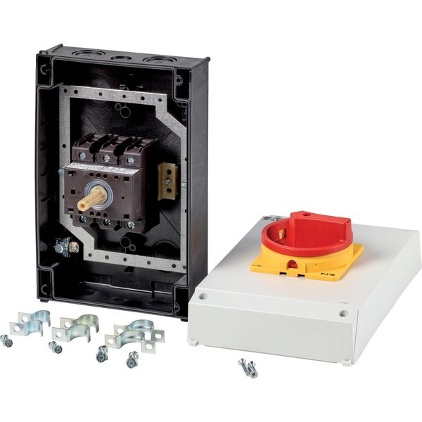 Main switch, P3, 63 A, surface mounting, 3 pole, Emergency switching off function, With red rotary handle and yellow locking ring, Lockable in the 0 ( image 3