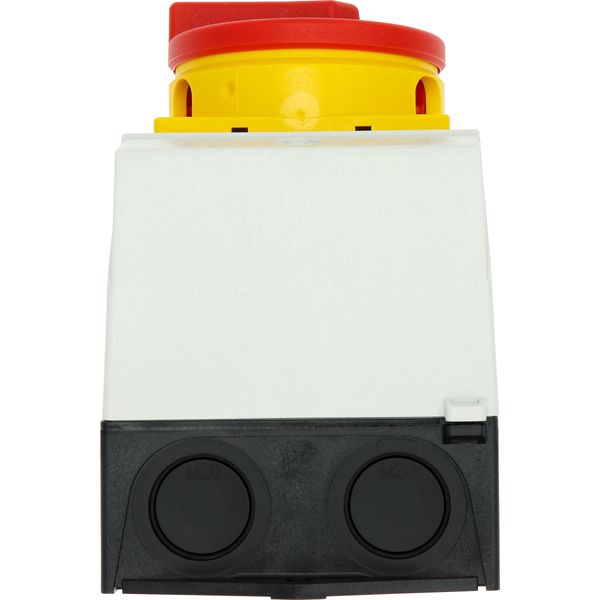 Main switch, T0, 20 A, surface mounting, 3 contact unit(s), 3 pole, 2 N/O, 1 N/C, Emergency switching off function, With red rotary handle and yellow image 57