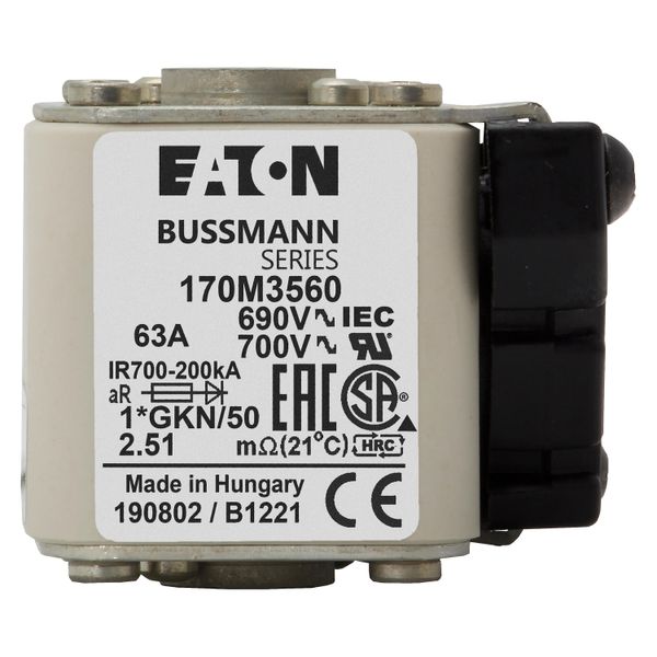 Fuse-link, high speed, 63 A, AC 690 V, compact size 1, 45 x 59 x 51 mm, aR, IEC, UL, type K indicator, 18 UNC image 22