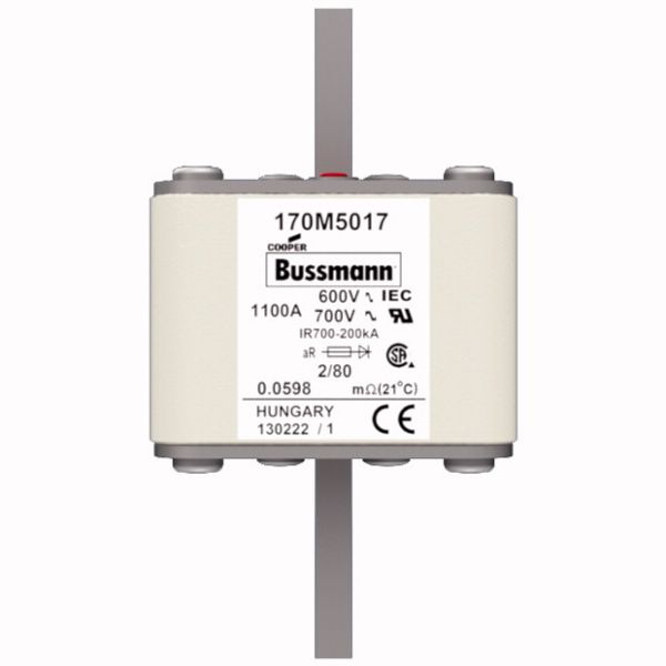 Fuse-link, high speed, 1100 A, AC 600 V, DIN 2, 61 x 61 x 108 mm, aR, DIN, IEC, single indicator, 80 mm centres image 1