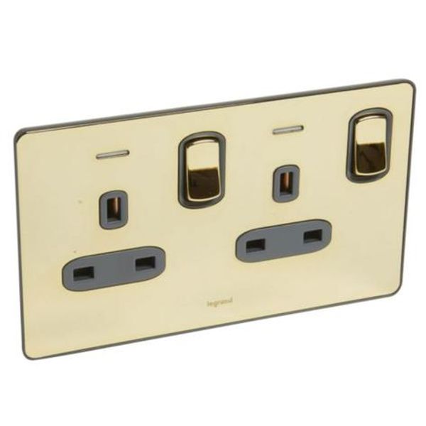 Synergy Sleek 2 gang switched single pole BS socket outlet 13A + blue led power indicator Glossy gold image 1