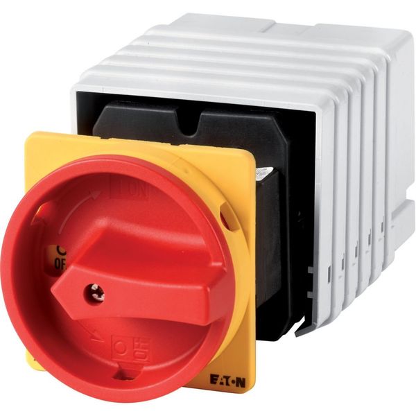 Main switch, T5, 100 A, rear mounting, 6 contact unit(s), 12-pole, Emergency switching off function, With red rotary handle and yellow locking ring image 1