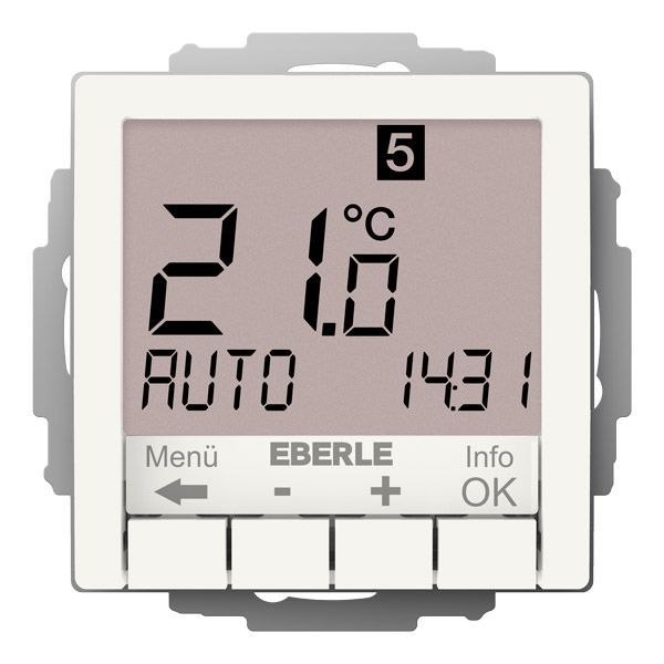 Concealed clock thermostat as a room controller, RAL9010 glossy 55x55, AC 230V, 1 changeover contact, heating 5(2) A, cooling 1(1) A, white backlighting image 1