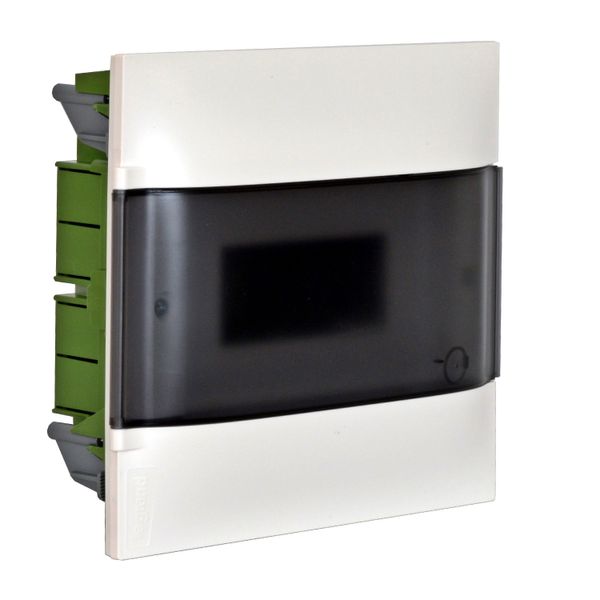 Practibox S flush-mounting DIN cabinet for masonry wall - 1 row of 12 modules - smoked door - Earth terminal blocks image 1