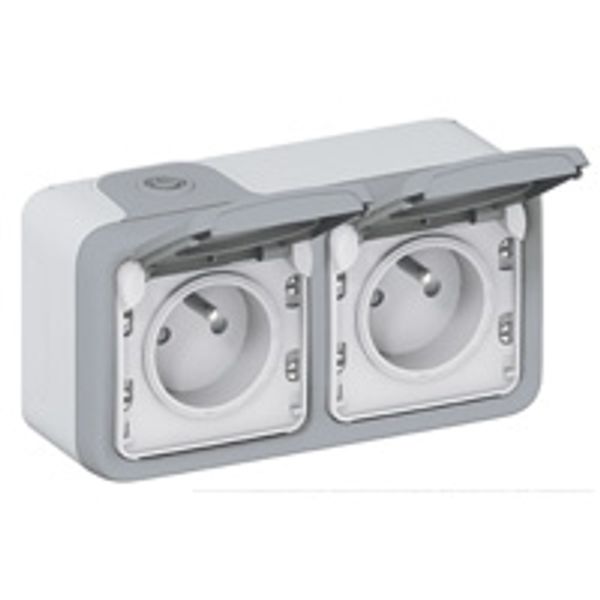 Plexo socket 2 x 2P + T with flap (horizontal) - 10/16 A - 250 V - grey - complete appliance - 10 A - IP 55 image 1