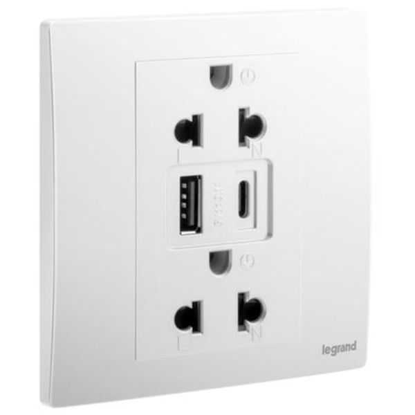 281204MW Mallia Senses 1 gang EURO/US socket outlet - 16A - 2 x 2 Poles + Earth - with 3000mA A and C types USB chargers -white image 1