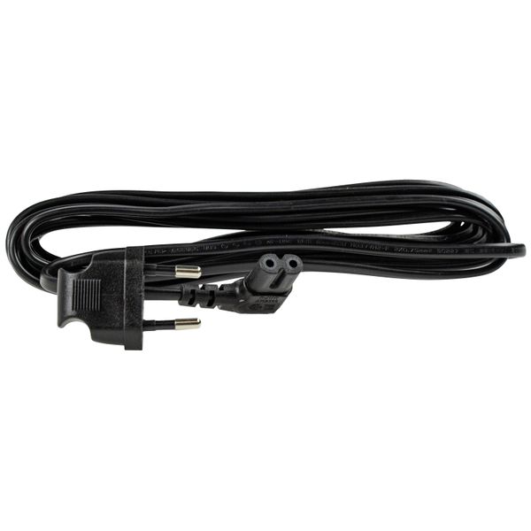 EURO-powercord 3,0m, black3,0m H03VVH2-F 2x0,75, black1st side: angled Euro plug 230V~/2,5A2nd side: angled C7 socket (DIN60320)In polybag with labelIP20 image 1