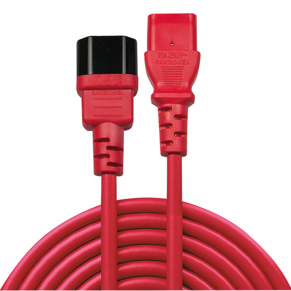 2m C14 to C13 Mains Extension Cable, red IEC C14 Connector to IEC C13 Connector image 2