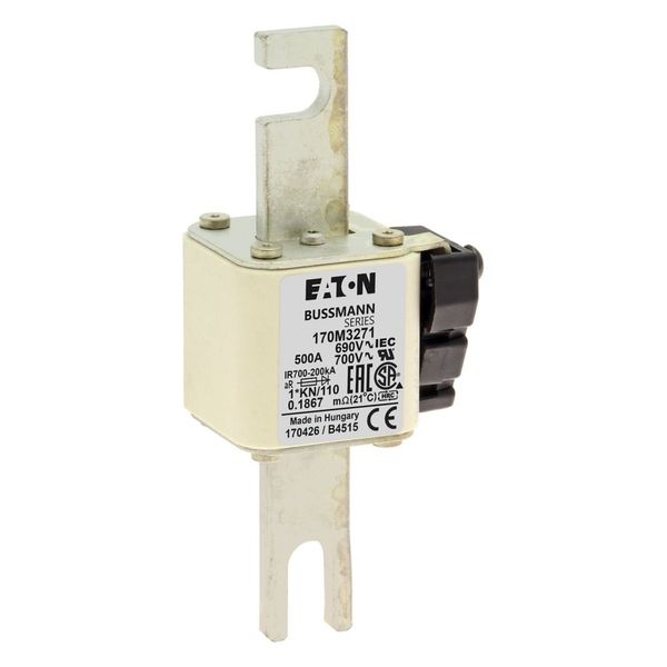 Fuse-link, high speed, 500 A, AC 690 V, compact DIN 1, 45 x 58 x 134 mm, aR, DIN, IEC, type K indicator, 110 mm centres image 18