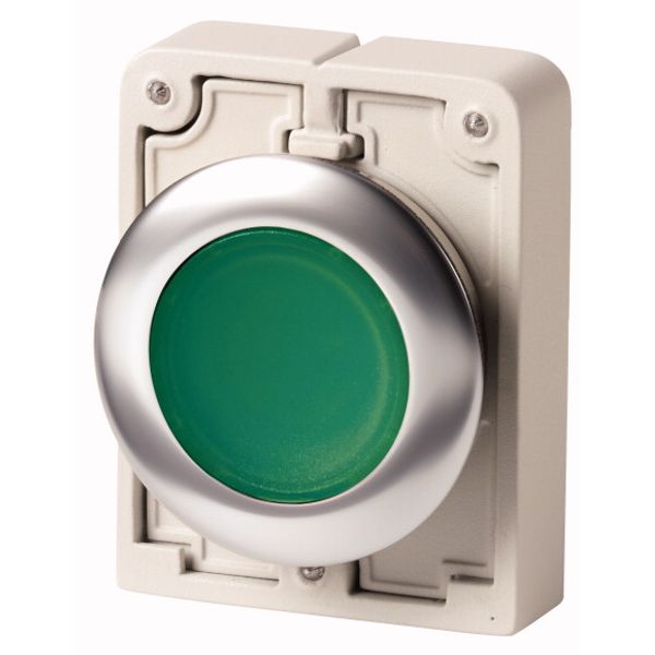 Illuminated pushbutton actuator, RMQ-Titan, flat, maintained, green, blank, Front ring stainless steel image 1