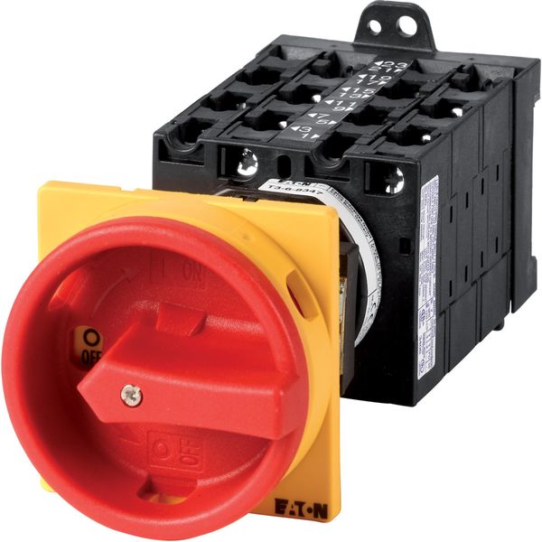 Main switch, T3, 32 A, rear mounting, 6 contact unit(s), 11-pole, Emergency switching off function, With red rotary handle and yellow locking ring image 2