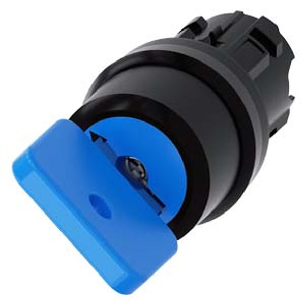 3SU1000-4GF01-0AA0-Z Y11 Key-operated switch O.M.R, 22 mm, round, plastic, lock number 73038, blue, with 2 keys, 2 switch positions O-I, latching, actuating angle 90°, 10:30h/13:30h, image 1