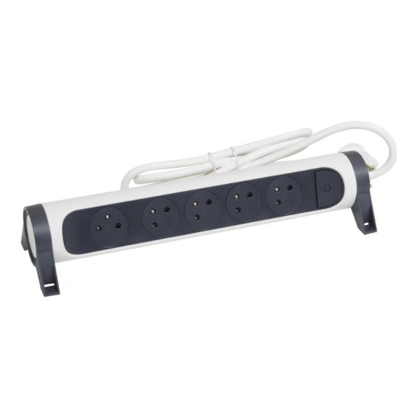 Multiple socket extension with rotating block of 5 2P+E Surface sockets, switch and cord length 1.5m - white and dark gray image 1