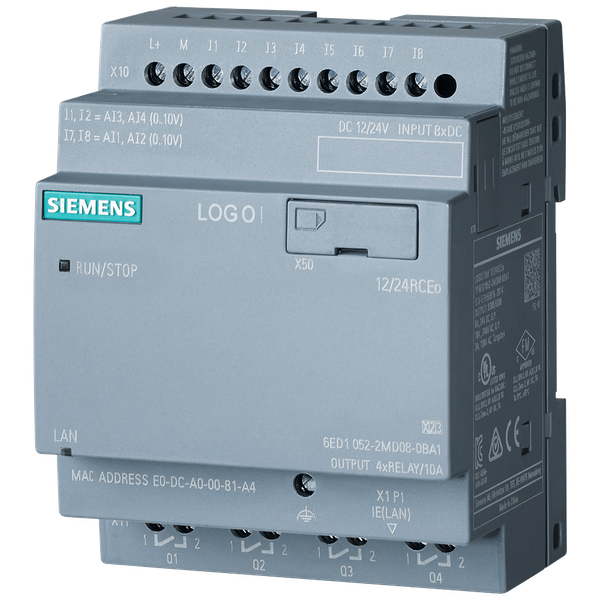 12/24RCEO, logic module, power supply / I/O: 12/24 V DC/relay, 8 DI (4 AI)/4 DO, without display, memory 400 blocks, modularly expandable, Ethernet, integrated web server, data log, user-defined web pages, standard microSD card image 1