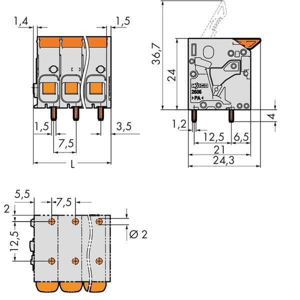 PCB terminal block lever 6 mm² blue image 1