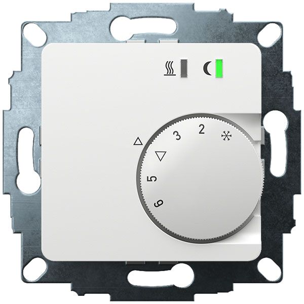 UP room controller, RAL9016 glossy 50x50, 5-30C, AC 230V, triac output, switchable 5 actuators each 3W, change-over input, TA 3.5K, LED displays image 1