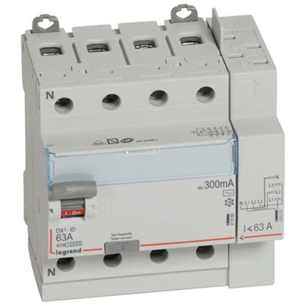 Differential switch DX³-ID screw top inlet and automatic top outlet - 4P 400V~ 63A typeAC 300mA - 5 modules image 1