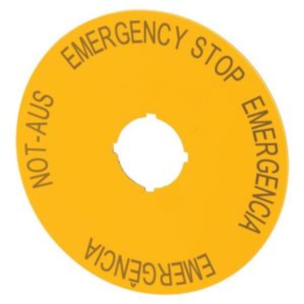 Label, emergency switching off, yellow, D=90mm, 4 languages, DE, EN, ES, PT image 4