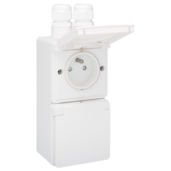 Splashproof double vertical wall socket with pin earthing, shutters and screw terminals; includes box with two inputs on the upper side, white image 1