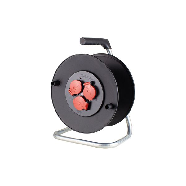 Empty safety cable reel 285mmØ for 40 m cable 3 socket outlets 2PE 16A/250V shock and splash proof Overheating protection by thermal switch image 1