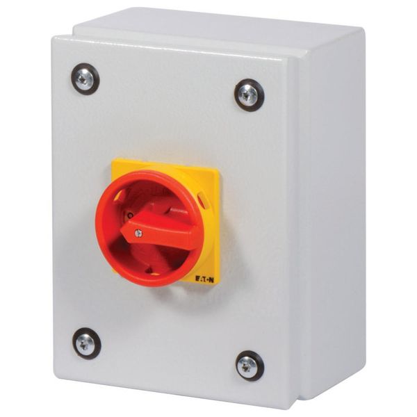 Main switch, P1, 32 A, surface mounting, 3 pole + N, Emergency switching off function, With red rotary handle and yellow locking ring, Lockable in the image 6