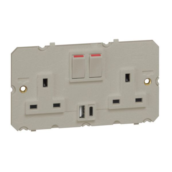 Arteor 2 Gang 13A Single Pole Switched Socket Outlet with USB Type-A and Type-C 3A Chargers Champagne image 1