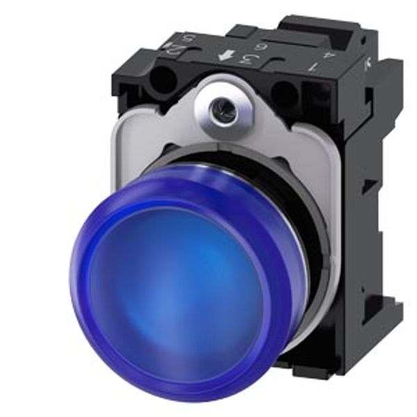 Indicator light, 22 mm, round, metal, high gloss, blue, lens, smooth, 230 V AC image 1