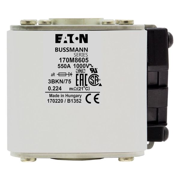 Fuse-link, high speed, 550 A, AC 1000 V, size 3, 74 x 92 x 76 mm, aR, IEC, UL, single indicator image 13