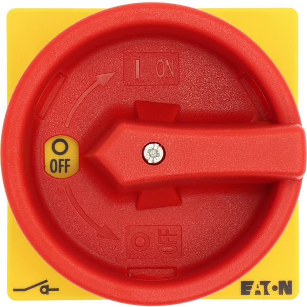 Main switch, P3, 100 A, flush mounting, 3 pole + N, Emergency switching off function, With red rotary handle and yellow locking ring, Lockable in the image 19