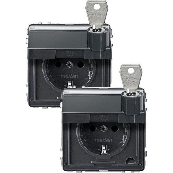 SCHUKO socket, hinged lid, label, lockable, 2 identical closures, BRS, StK, anthracite, AQUADESIGN image 1