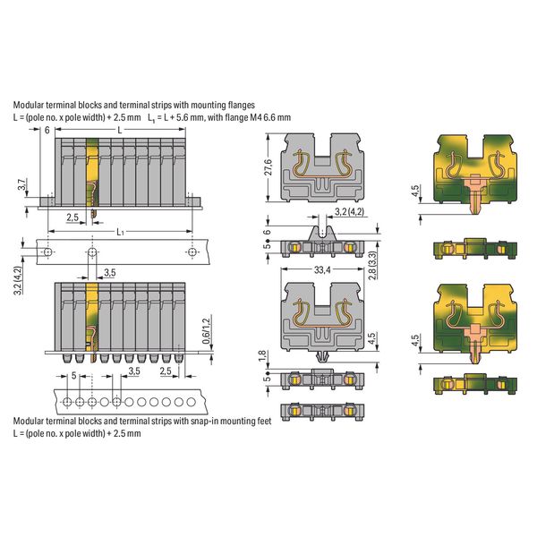 2-conductor terminal strip without push-buttons with fixing flanges M3 image 2