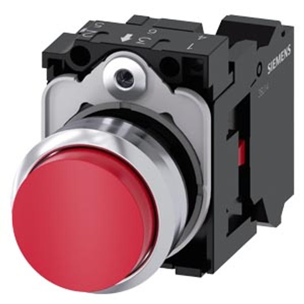 Pushbutton, 22 mm, round, metal, shiny, red, pushbutton, raised, momentary contact type, with holder, 1 NC,  3SU1150-0BB20-3CA0-Z Y10 image 1