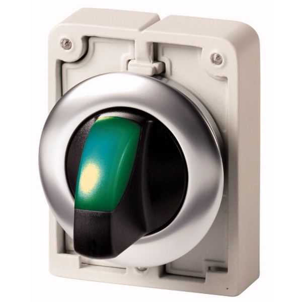 Illuminated selector switch actuator, RMQ-Titan, with thumb-grip, maintained, 2 positions (V position), green, Front ring stainless steel image 1