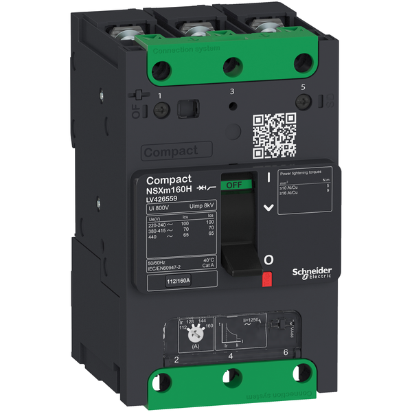 circuit breaker ComPact NSXm E (16 kA at 415 VAC), 3P 3d, 160 A rating TMD trip unit, compression lugs and busbar connectors image 4