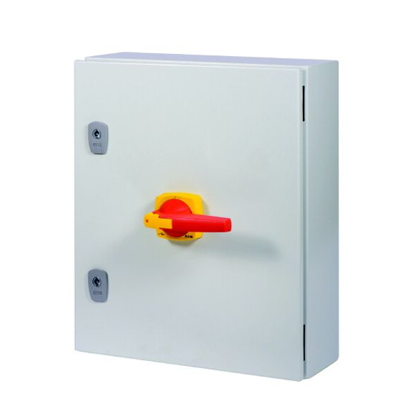 Switch-disconnector, DMV, 160 A, 4 pole, Emergency switching off function, With red rotary handle and yellow locking ring, in steel enclosure, 9 mm co image 2